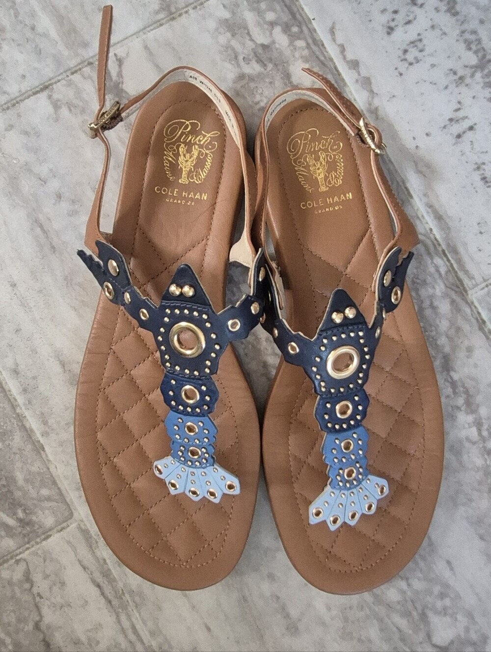Cole Haan Tan Sandals with Navy Embellished T-Strap